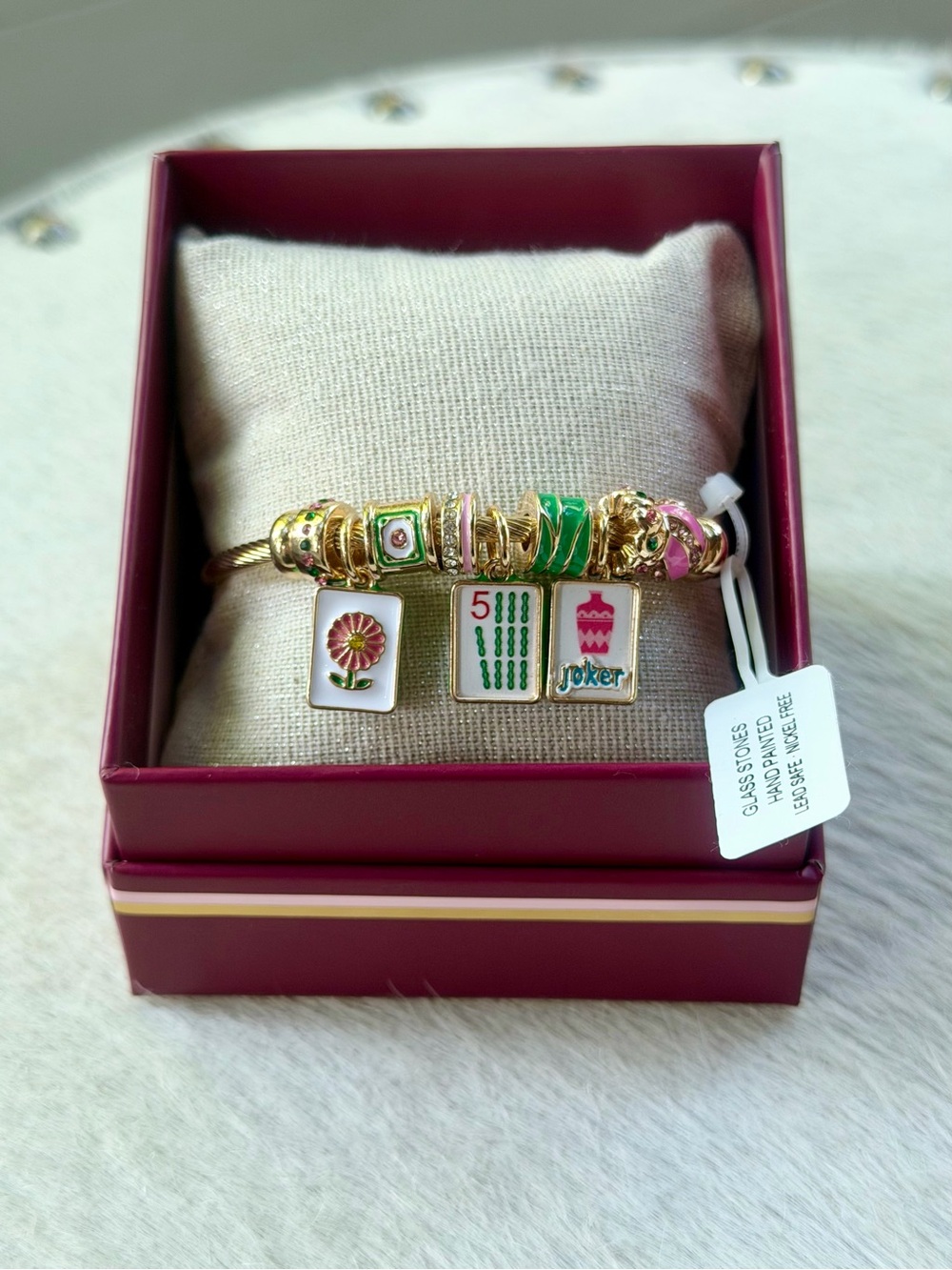 Piper K Mahjong Charm Bracelet Gold Tone Bangle Hand Painted Tiles Game Gift New